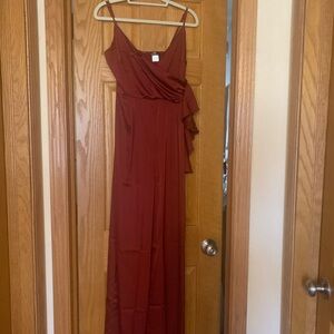 VENUS Rust Red Spaghetti Strap Ruffle Wrap Maxi Jumpsuit